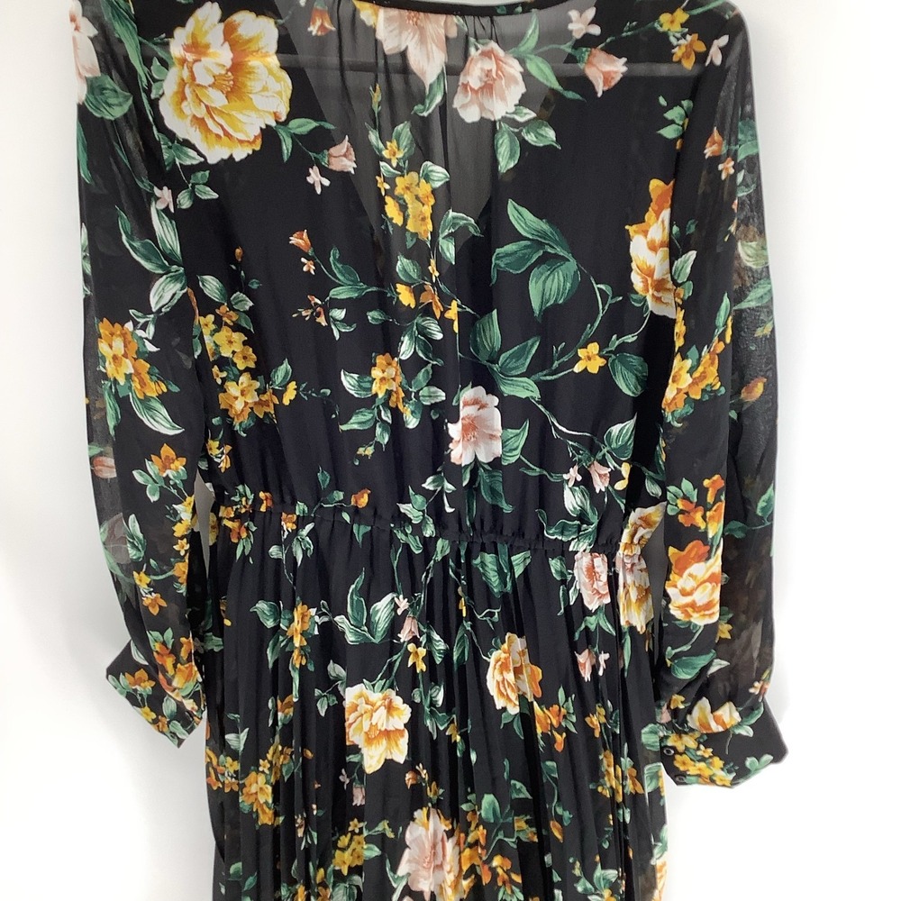 Indigo Rose Black Floral Pleated Maxi Dress V-Neck Long Sleeve Women's Sz L - Picture 6 of 6